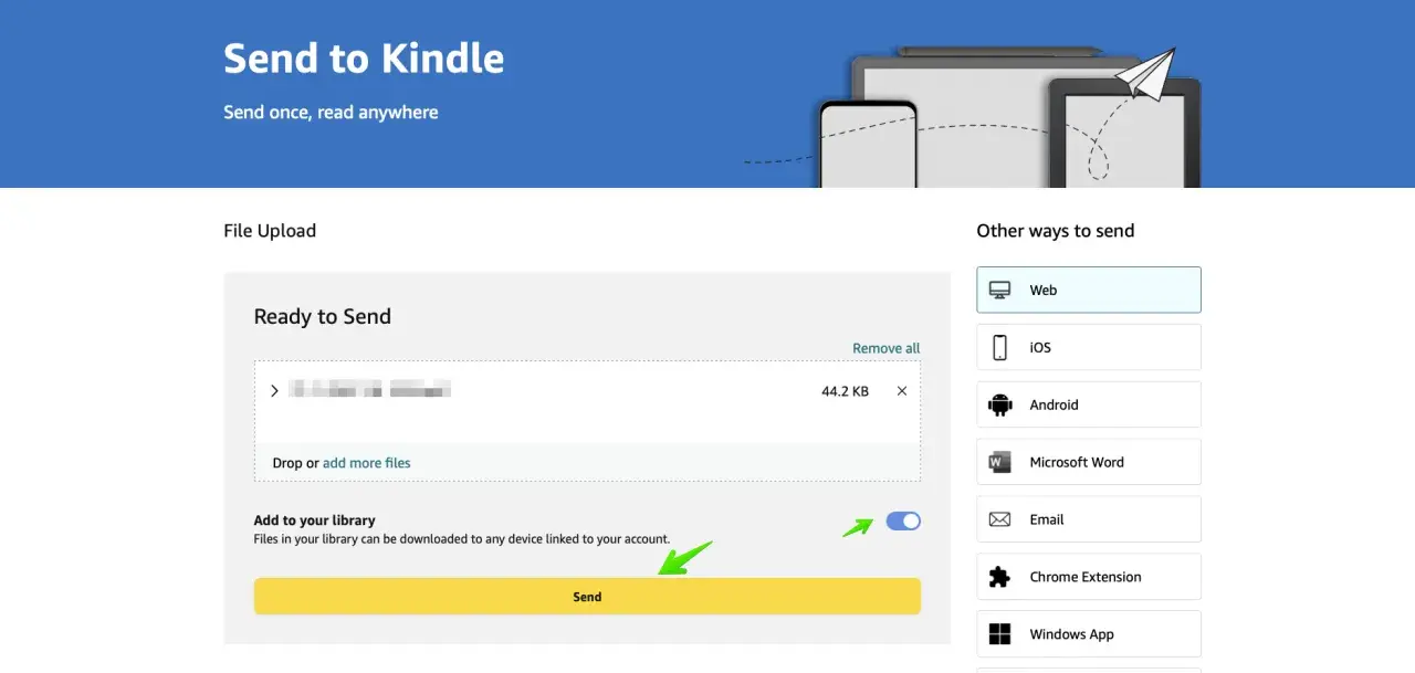Przesyłanie plików na Kindle. Wybierz "Web" lub inne opcje, by wysłać dokumenty.