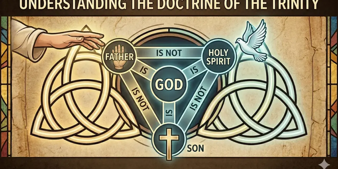 A diagram illustrating the doctrine of the Trinity, with Father, Son, and Holy Spirit as distinct yet one God. This visual aids understanding, especially around the Feast of the Holy Trinity.