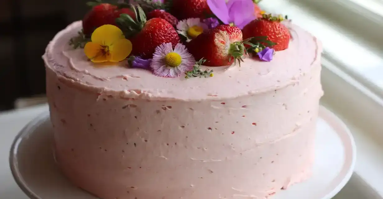 Enkel babyshower tårta med rosa frosting, toppad med färska jordgubbar och vilda blommor. Perfekt för att fira en nyfödd.