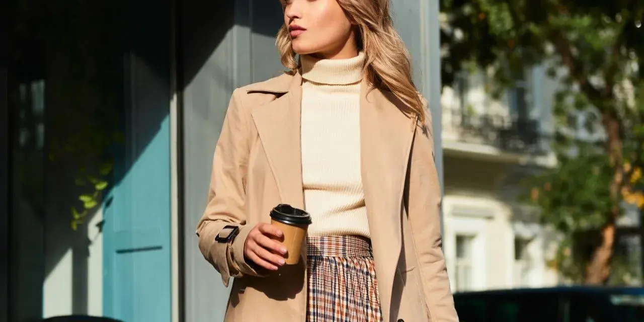 Elegancka kobieta w beżowym płaszczu, kremowym golfie i spódnicy w kratę, z kubkiem kawy w dłoni. Inspiracja na stylizacje do beżowego płaszcza.