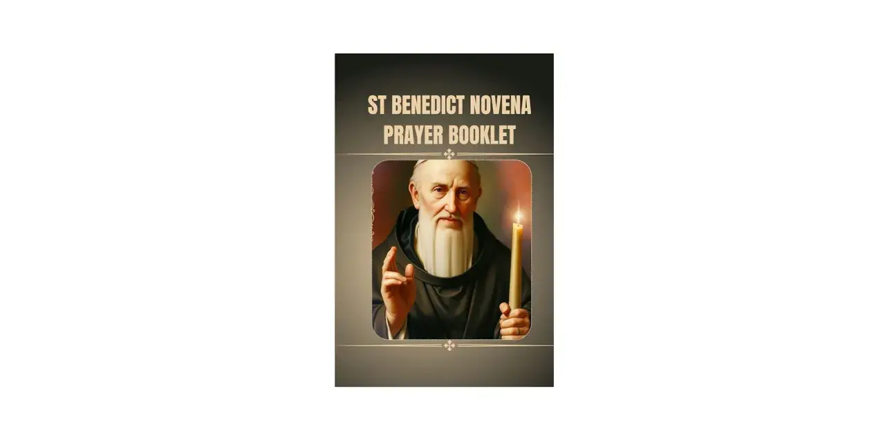 Cover of a "St Benedict Novena Prayer Booklet" featuring a portrait of St. Benedict holding a candle and raising his hand in blessing.