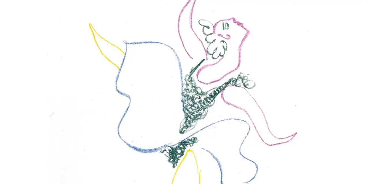Dessin abstrait aux couleurs vives. Une ligne bleue esquisse une forme, tandis que des formations vertes et roses créent un mouvement dynamique.