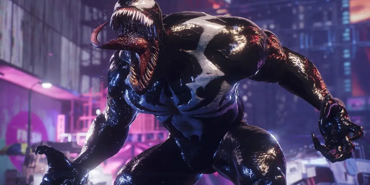Venom, con su lengua fuera y dientes afilados, se cierne amenazante en una ciudad nocturna, listo para la acción en **Platino Spiderman 2**.