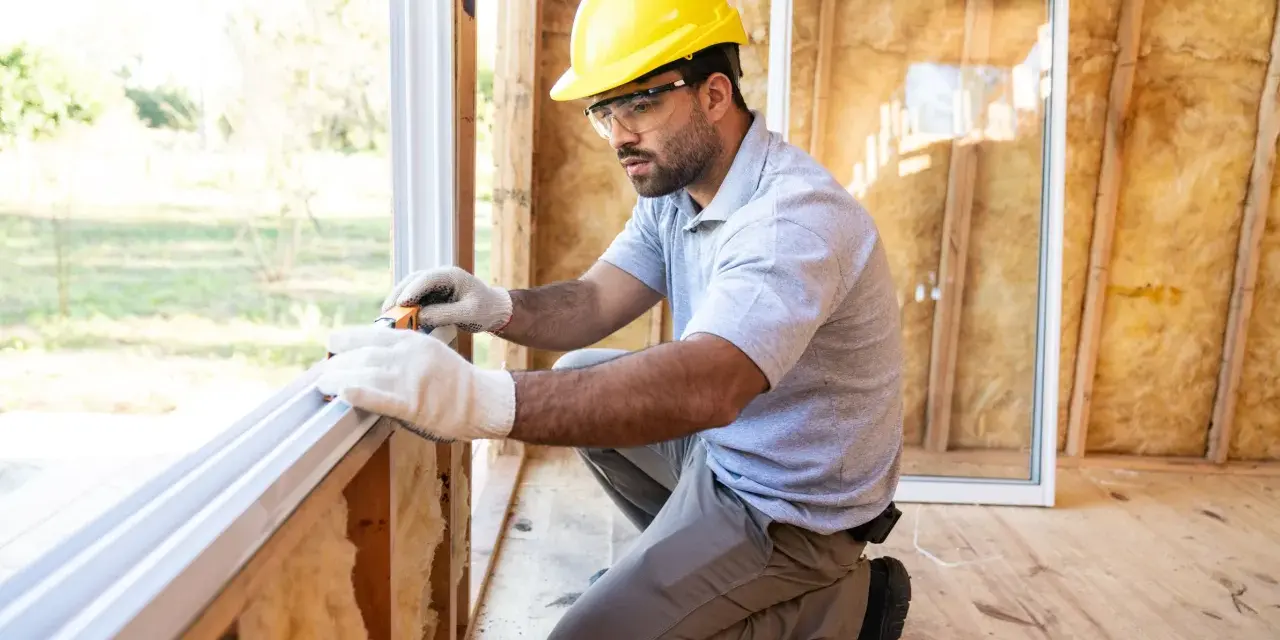 Un ouvrier en casque jaune travaille sur le remplacement de fenêtres dans une maison en construction, mesurant le cadre.