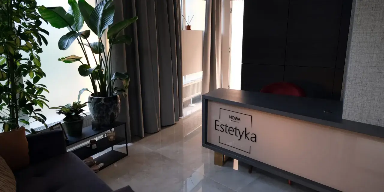 Nowa estetyka Wrocław: nowoczesne wnętrze salonu piękności z roślinami i wygodną sofą.