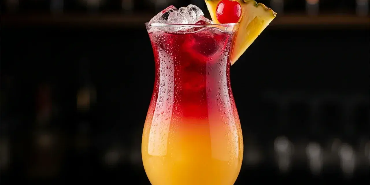 En kyld Bahama Mama drink med lager av orange och rött, garnerad med ananas och körsbär.