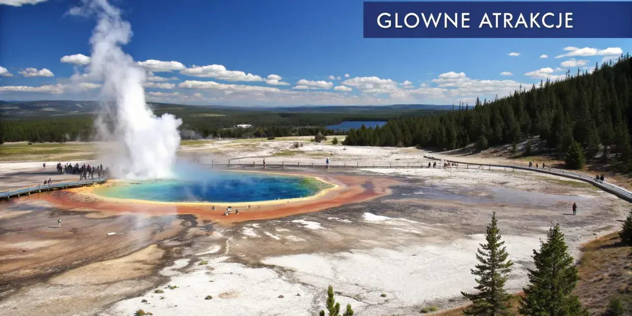 Wielobarwny gorący źródło z wyrzucającą parę wodą w **parku narodowym Yellowstone**. Turyści spacerują po drewnianych kładkach, podziwiając cuda natury.