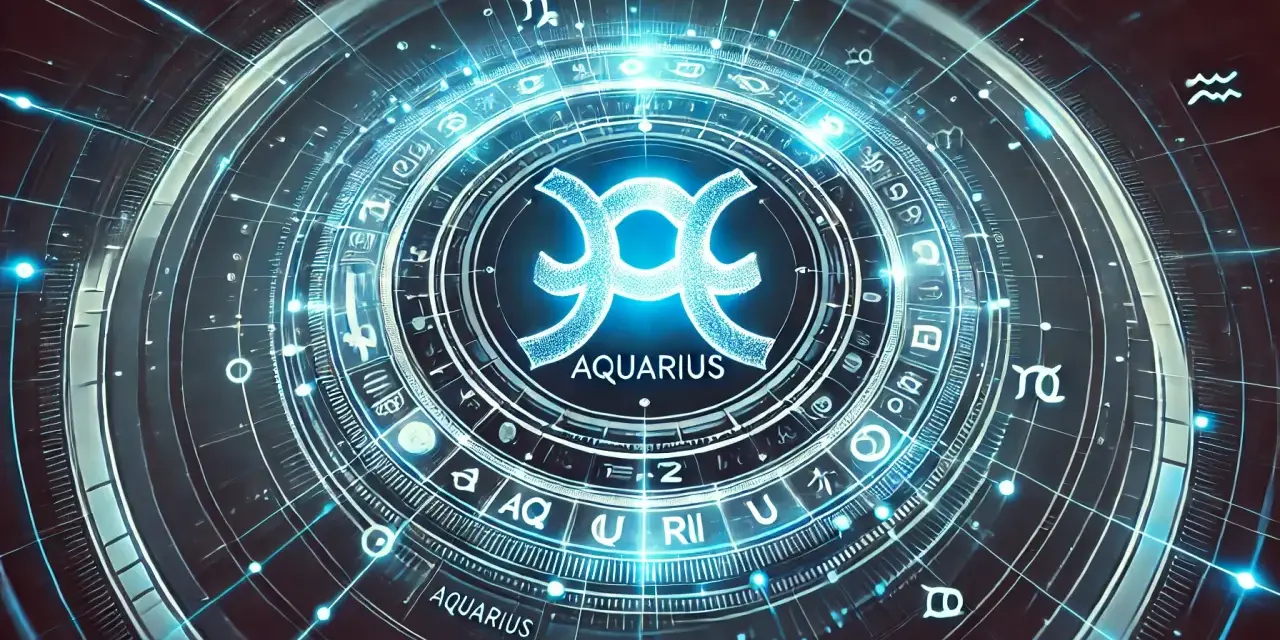 Cyfrowa mandala z symbolem Wodnika i znakami zodiaku. Ascendent Wodnik w centrum, otoczony kosmicznymi liniami i światłami.