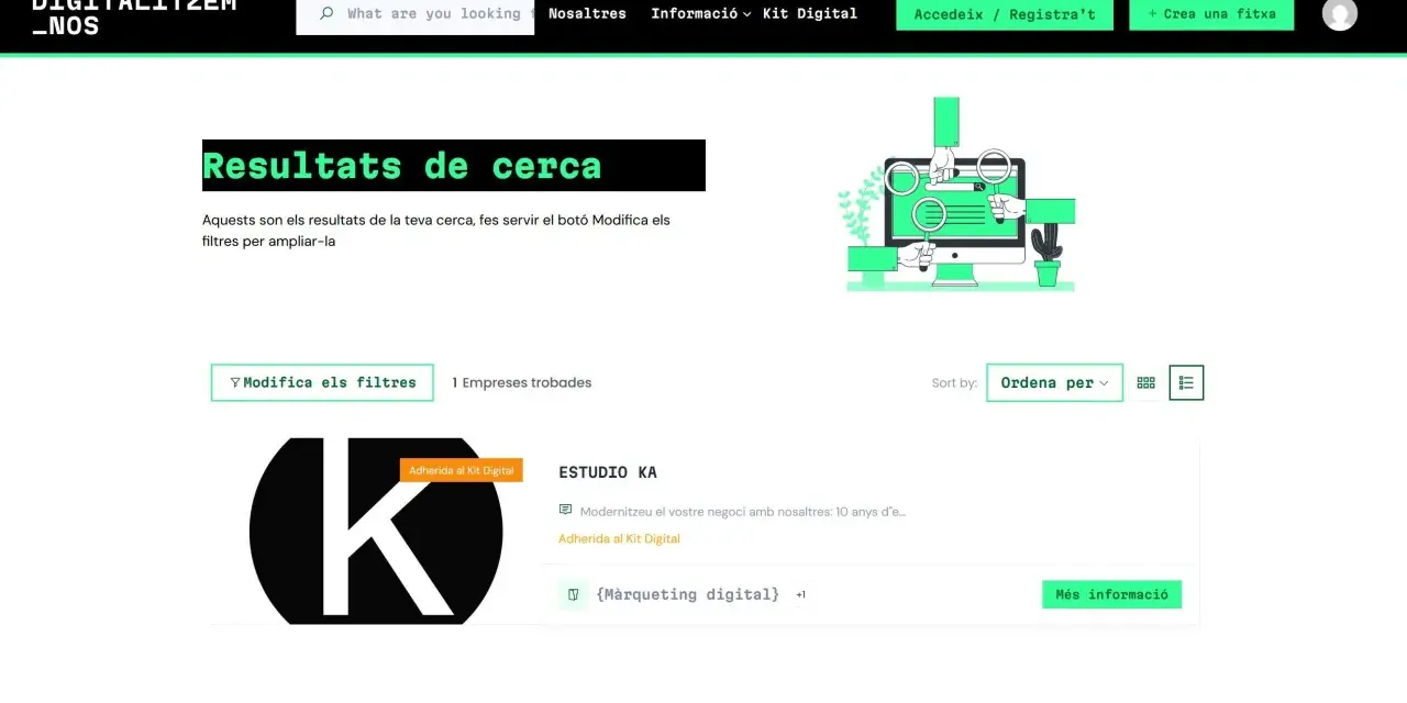 Resultats de cerca d'empreses adherides al Kit Digital. Troba la teva guia per a la transformació digital.