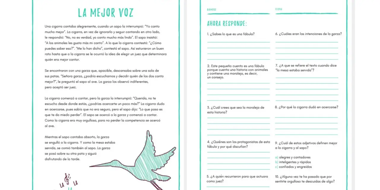 Hoja de trabajo para comprensión lectora 6 primaria. Una fábula sobre una cigarra, un sapo y una garza.