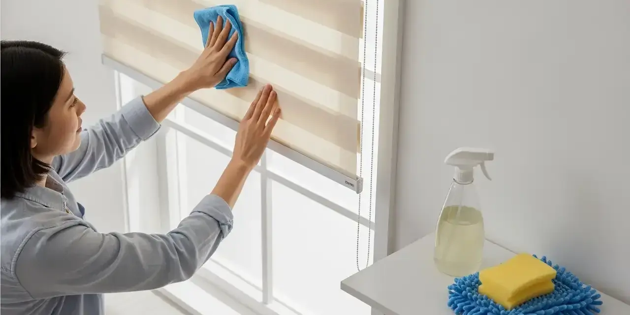 Mujer limpiando estores enrollables con un paño azul. A su lado, un spray y una esponja.