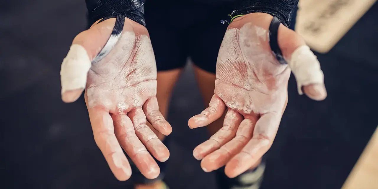 Mains de sportif couvertes de magnésie, prêtes à saisir la barre. Une corne sur la main témoigne des efforts.