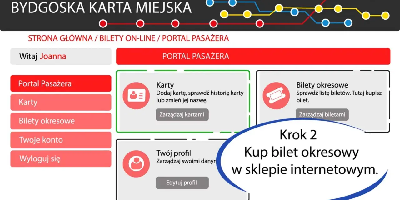 Portal Pasażera Bydgoskiej Karty Miejskiej. Krok 2: Kup bilet okresowy w sklepie internetowym. Dowiedz się, jak kupić bilet miesięczny na pociąg.