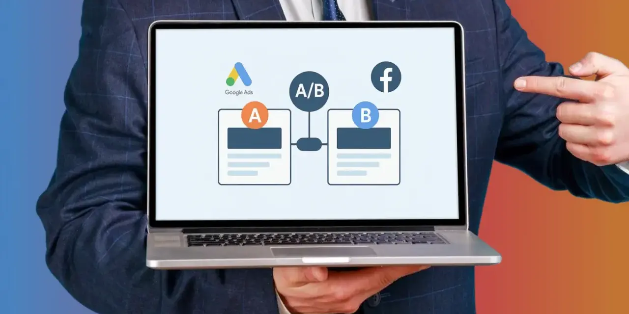 Biznesmen prezentuje test A/B kampanii PPC na laptopie, porównując Google Ads z Facebookiem.