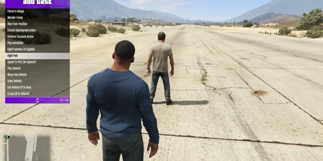 Menu "add task" w grze GTA V z opcją "Fight Ped" i dwoma postaciami na tle pustynnego krajobrazu.