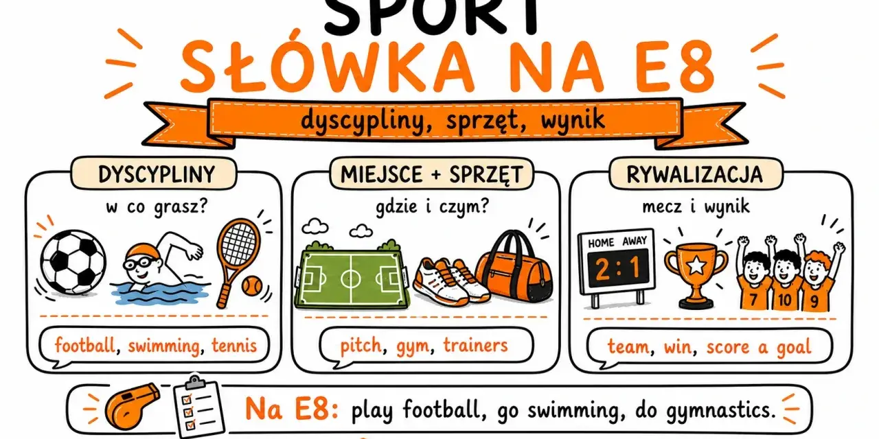 Ilustracja przedstawia słówka związane ze sportem: dyscypliny (football, swimming, tennis), miejsca i sprzęt (pitch, gym, trainers) oraz rywalizację (team, win, score a goal).