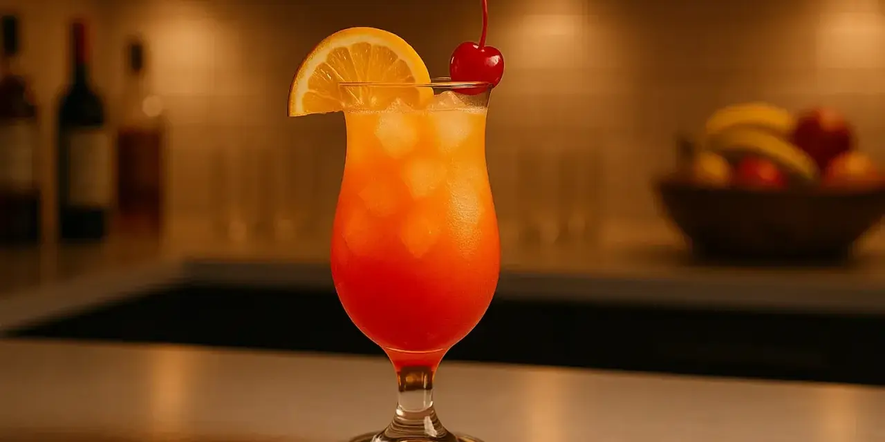 Kolorowy drink Sex on the Beach przepis, ozdobiony plasterkiem pomarańczy i wisienką. Idealny na letnie wieczory.