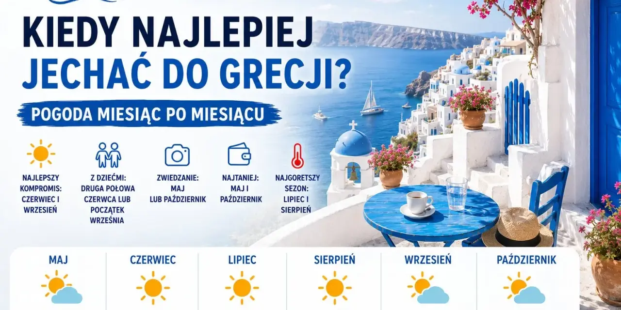 Grecja: pogoda miesiąc po miesiącu. Idealny czas na zwiedzanie i wypoczynek, od maja do października, z temperaturami od 18 do 38°C.