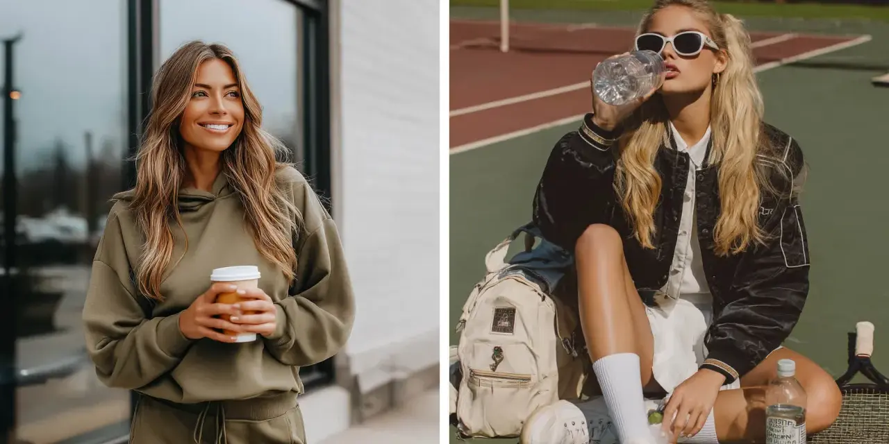 Mujer con look sport chic: una con sudadera verde y café, otra en cancha de tenis con chaqueta y agua.