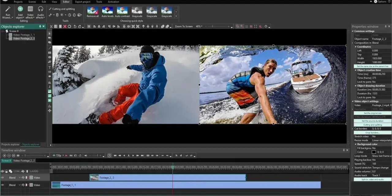 Darmowy edytor wideo VSDC pozwala na tworzenie dynamicznych klipów, łącząc snowboardzistę z narciarzem wodnym.