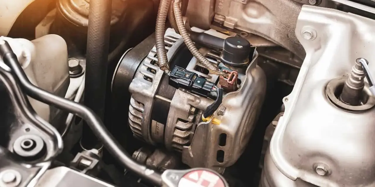 Zbliżenie na alternator samochodowy w komorze silnika, z widocznymi przewodami i elementami mechanicznymi.