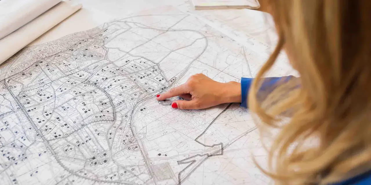 Kobieta z rudymi paznokciami wskazuje palcem na mapę. Plan miasta, z zaznaczonymi ulicami i budynkami, sugeruje analizę terenu pod kątem jego **użytku ba**.