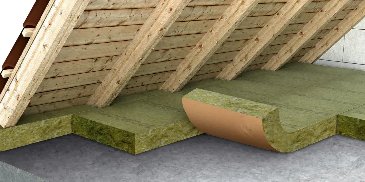 Pannelli isolanti per solai calpestabili, con struttura in legno e tetto, mostrano uno strato di isolamento in lana di roccia.