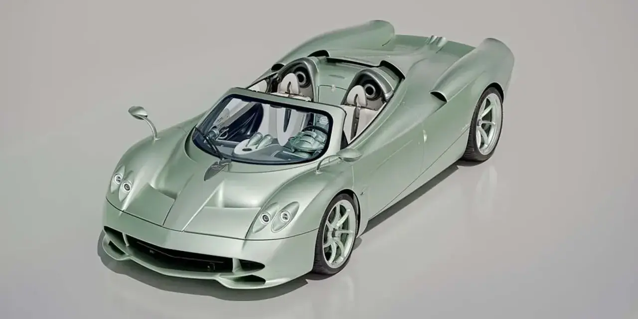 Pagani Huayra Codalunga w kolorze miętowym, z otwartym dachem, prezentuje swoje eleganckie linie i sportowy charakter.