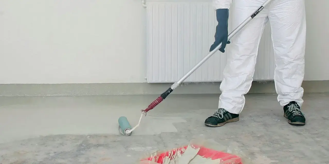 Person i skyddsdräkt målar betonggolv med en roller. Färgen är ljus och en färgtråg syns på golvet.