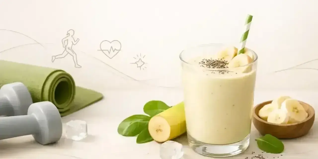 Pyszny koktajl bananowy z nasionami chia, idealny po treningu. Obok leżą hantle i mata do ćwiczeń.