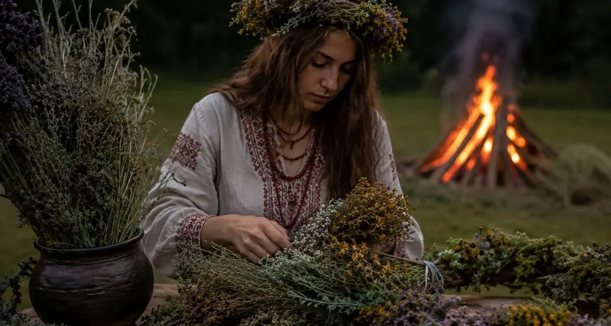 Dziewczyna w wianku z ziół, w tradycyjnej koszuli, przygotowuje bukiety. W tle płonie ognisko, przywołując ducha polskich pieśni ludowych.