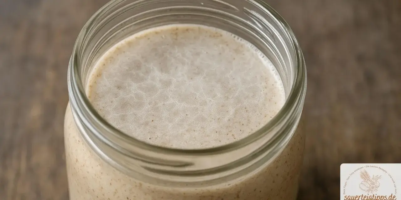 Ein Glas mit aktivem Sauerteig, bereit für die Zubereitung von Brot. Die kahmhefe zeigt sich in feinen Bläschen.