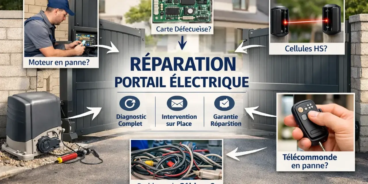 Réparation portail électrique : diagnostic, intervention sur place, garantie. Causes possibles : moteur, carte, cellules, câblage, télécommande.