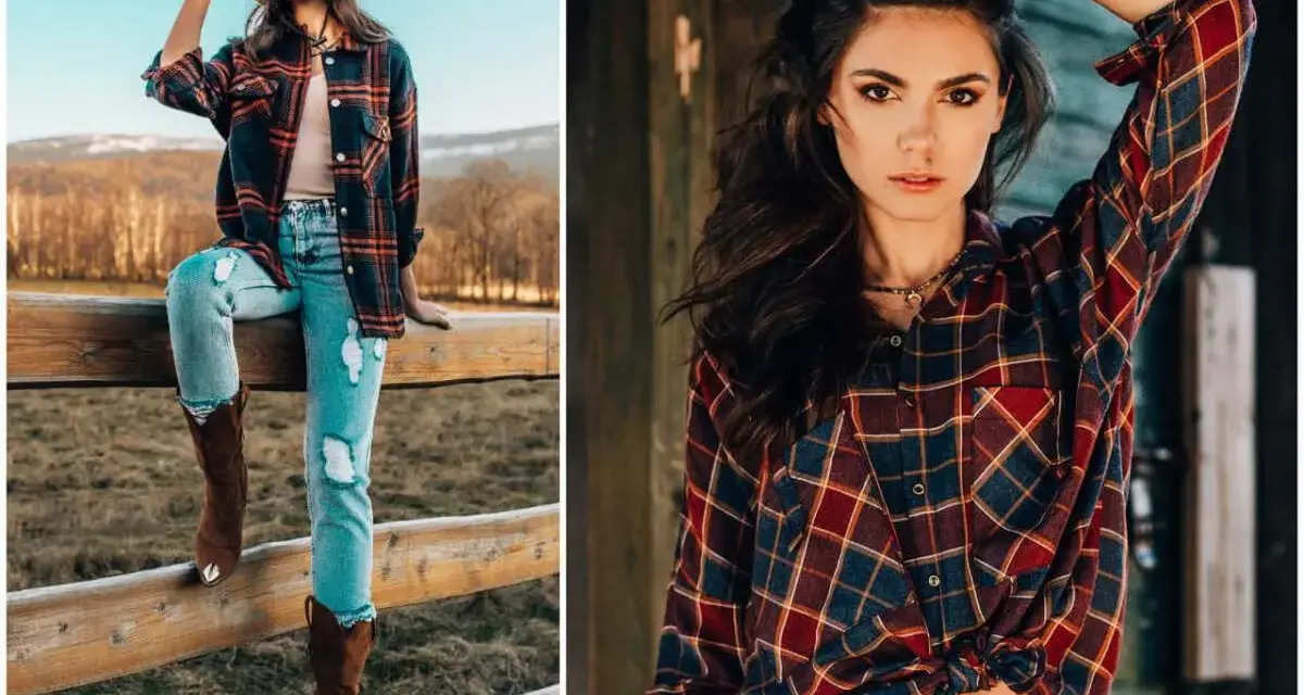 Dziewczyna w kapeluszu i kraciastej koszuli, gotowa na imprezę w stylu country. Długie buty i podarte jeansy dopełniają stylizacji.