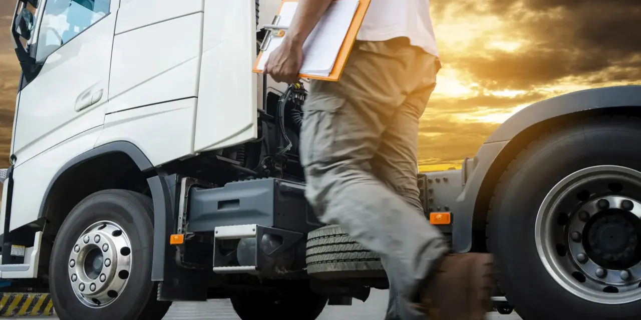 Kierowca z teczką zbliża się do białej ciężarówki. Zachód słońca i chmury tworzą dramatyczne tło dla tej sceny, która może być początkiem ważnej podróży lub zakończeniem dnia pracy na konwencja tir.