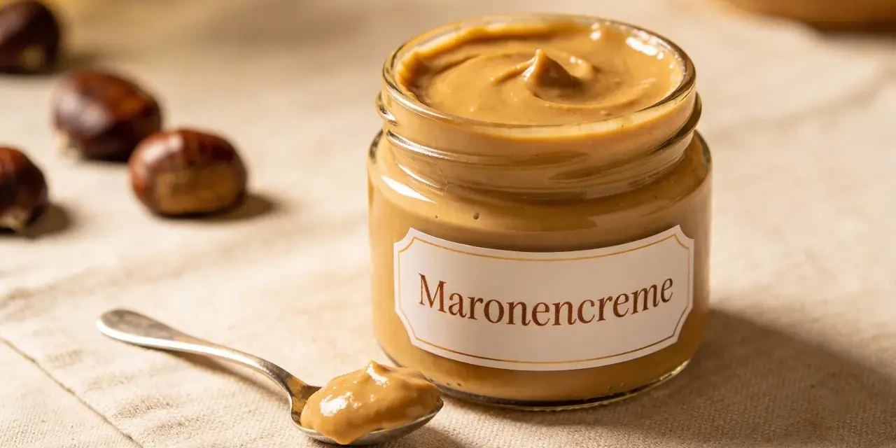 Glas mit Maronencreme, daneben eine Löffelprobe. Perfekt für süße und herzhafte Gerichte – die Maronencreme Verwendung ist vielfältig.