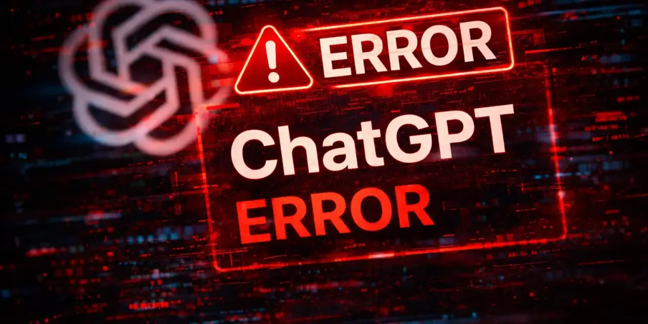 Czerwony komunikat "ERROR" na tle cyfrowego szumu i logo ChatGPT. Awaria systemu.