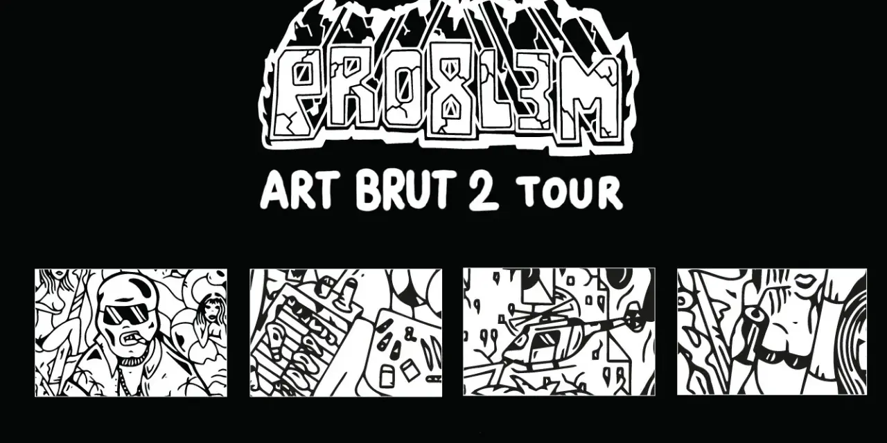 Problem Art Brut 2 Tour. Cztery czarno-białe grafiki w stylu art brut: mężczyzna w okularach i cygarem, grill, helikopter i twarz.