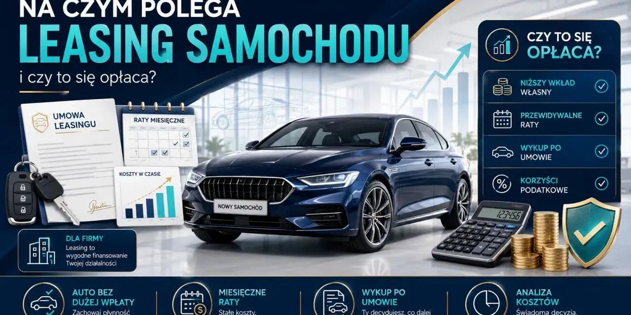 Granatowy samochód, umowa leasingu, kluczyki, kalendarz, kalkulator, monety i wykresy.