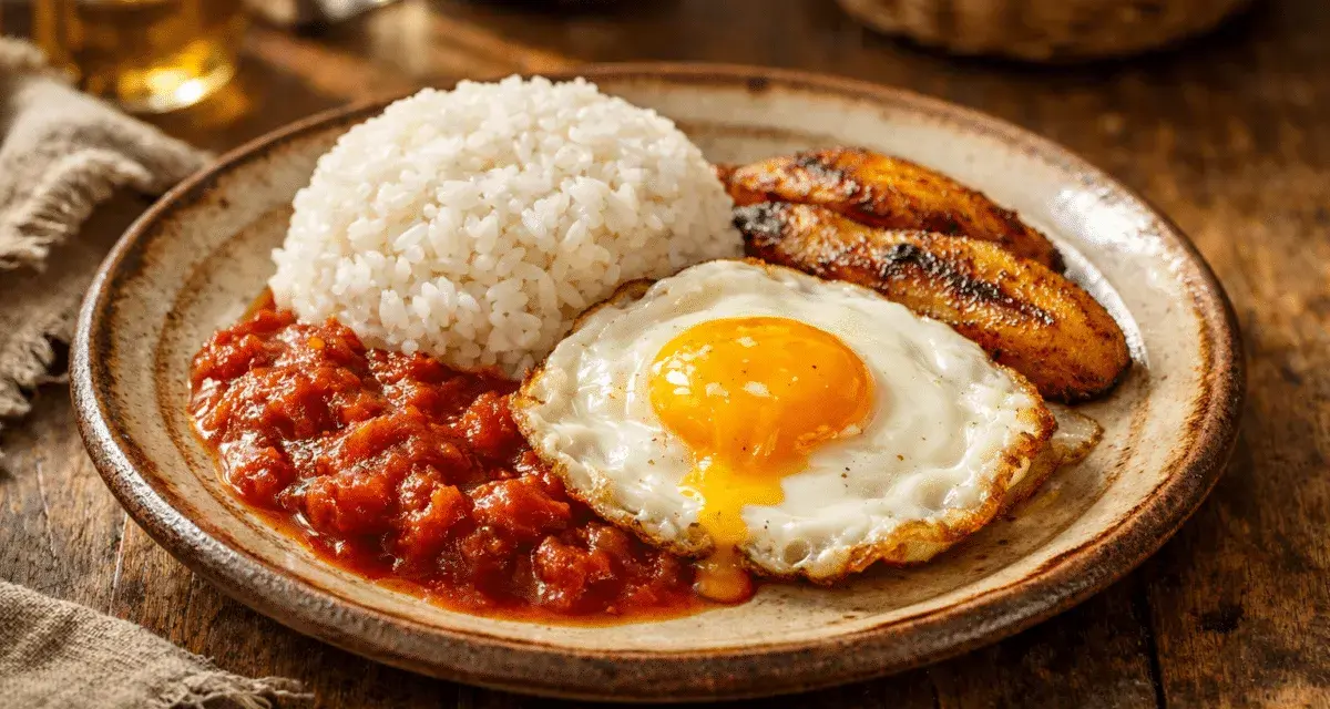 Plato de arroz a la cubana receta: arroz blanco, huevo frito con yema líquida, plátanos maduros fritos y salsa de tomate.