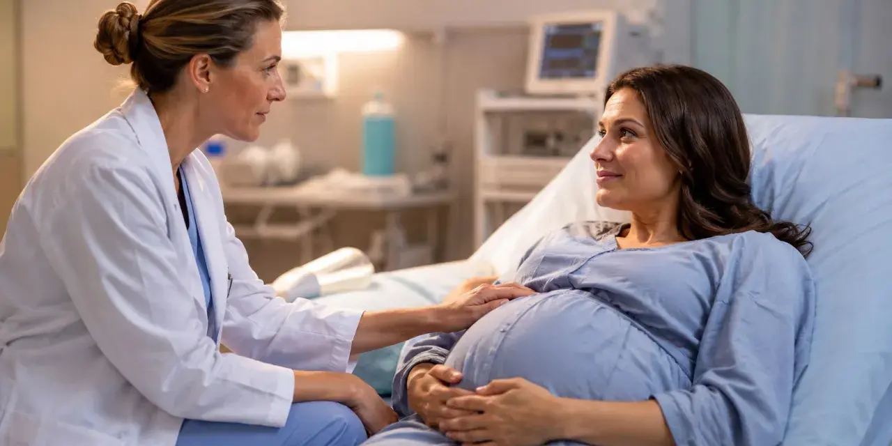 Lekarka z troską dotyka brzucha ciężarnej pacjentki, która leży w szpitalnym łóżku. Rozwarcie do porodu postępuje, a przyszła mama uśmiecha się do lekarki.