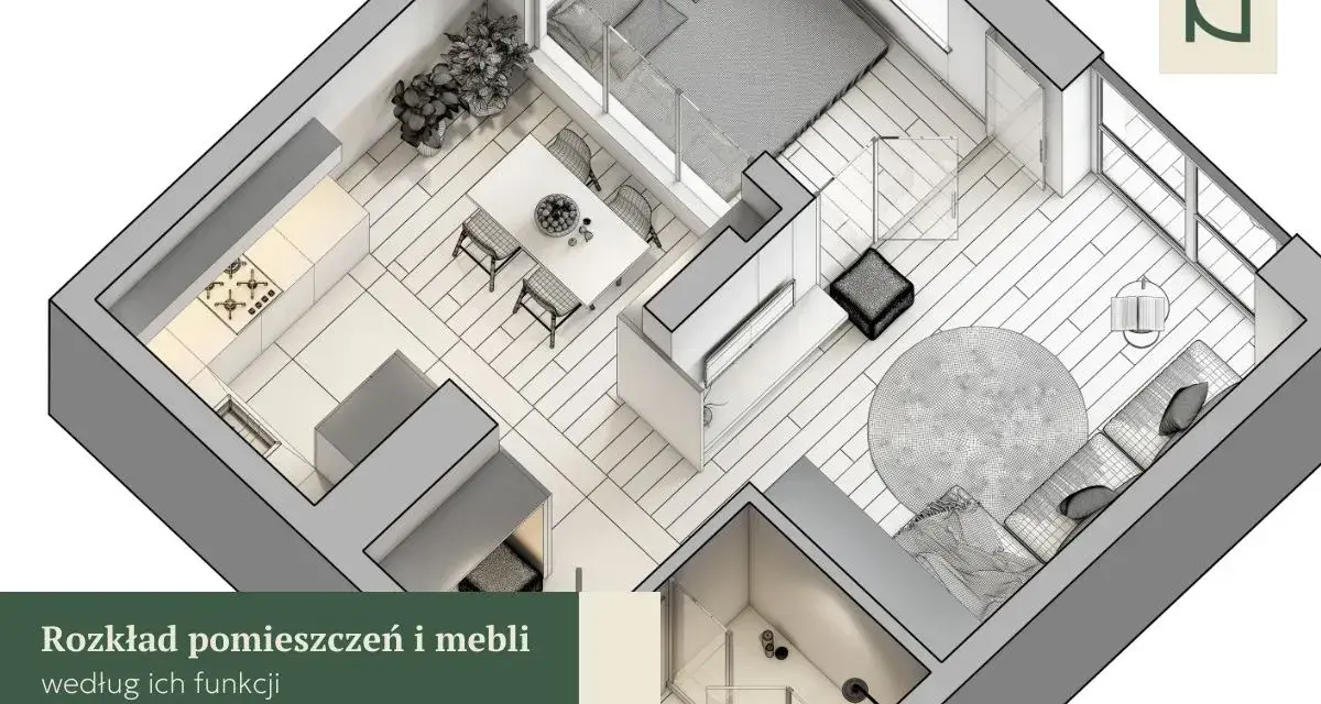 Rozkład mieszkania z kuchnią, jadalnią, sypialnią i salonem, zgodny z zasadami feng shui.