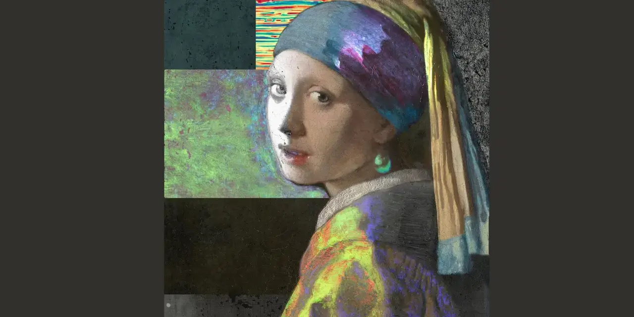 La jeune fille à la perle, revisitée avec des collages abstraits aux couleurs vives et texturées, pose avec son regard mystérieux.