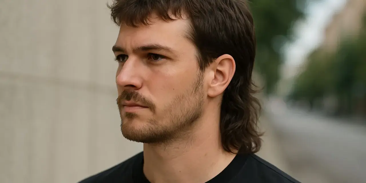 Mężczyzna z charakterystyczną fryzurą mullet, z krótkimi włosami z przodu i dłuższymi z tyłu, patrzy w bok.