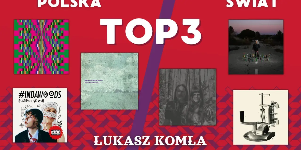 Okładki płyt: #INDAWOODS, Radical Polish Ansambl, zdjęcie z lasu, dziewczyna z butelkami, mechaniczne urządzenie. Łukasz Komla prezentuje polski folk.