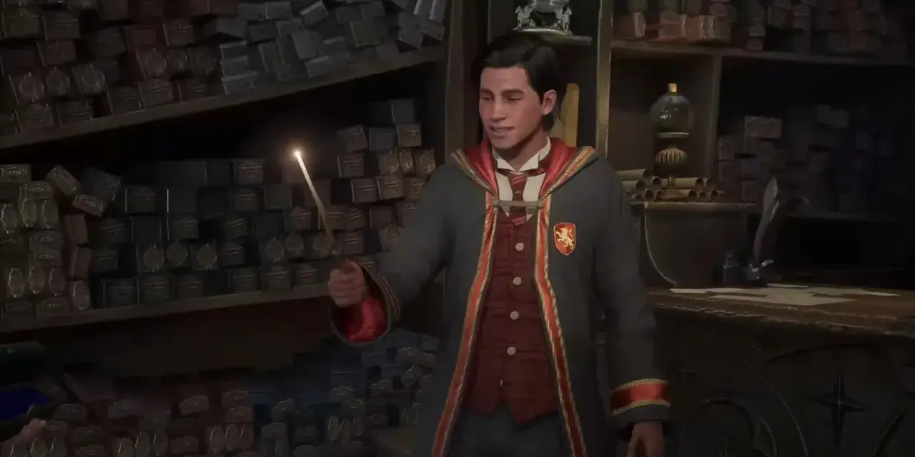 Estudiante de Hogwarts practica hechizos en la tienda de varitas, preparándose para las pruebas de Merlin en Hogwarts Legacy.