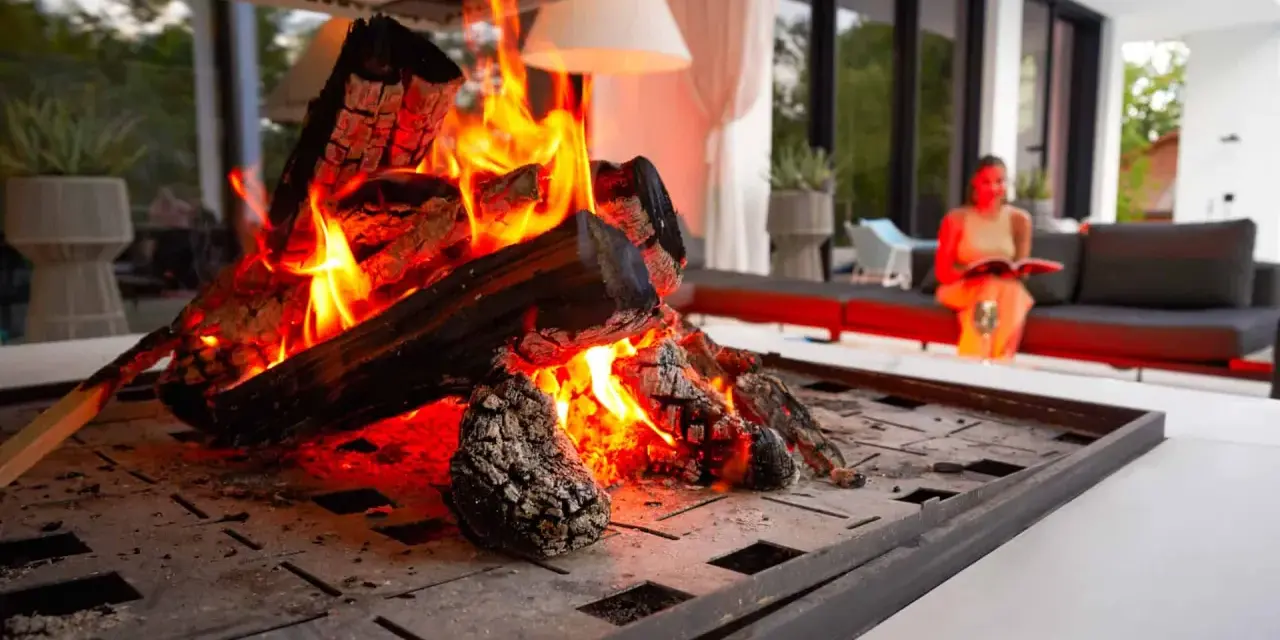 En kamin som sprakar med livliga lågor. En kvinna sitter i bakgrunden och läser, njuter av värmen. En perfekt kväll att elda i kamin varje dag.