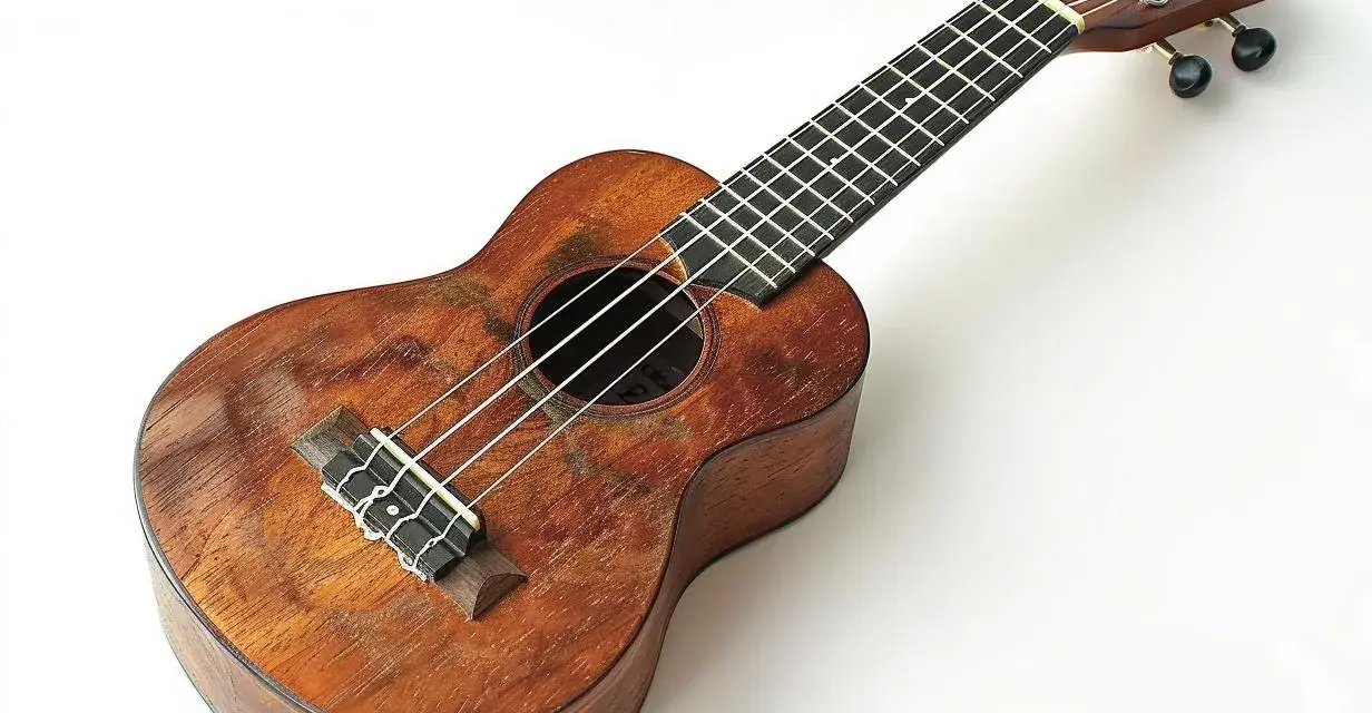 Drewniane ukulele z widocznymi śladami użytkowania. Na gryfie widać progi, a na pudle rezonansowym struny. Idealne do nauki chwytów na ukulele.