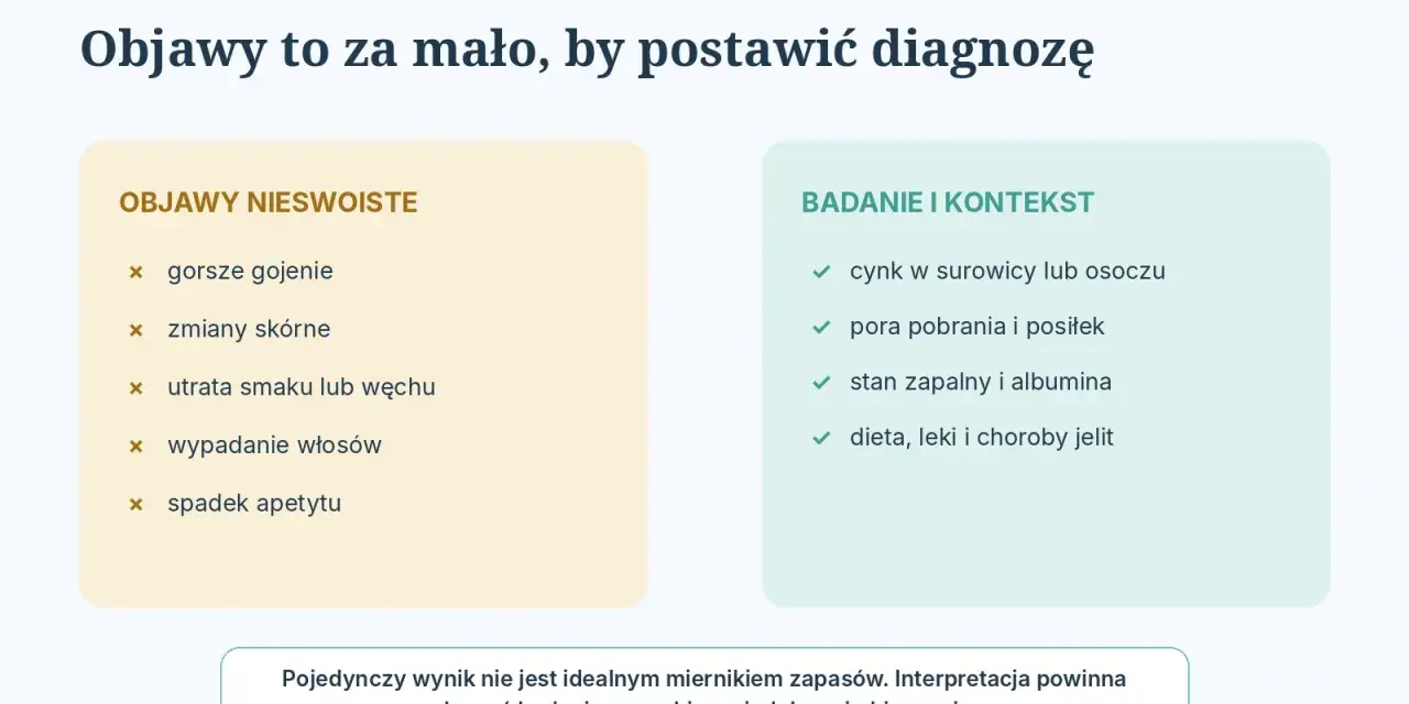 Badanie poziomu cynku w surowicy lub osoczu jest kluczowe. Niedobór może objawiać się zmianami skórnymi, wypadaniem włosów, a także gorszym gojeniem.