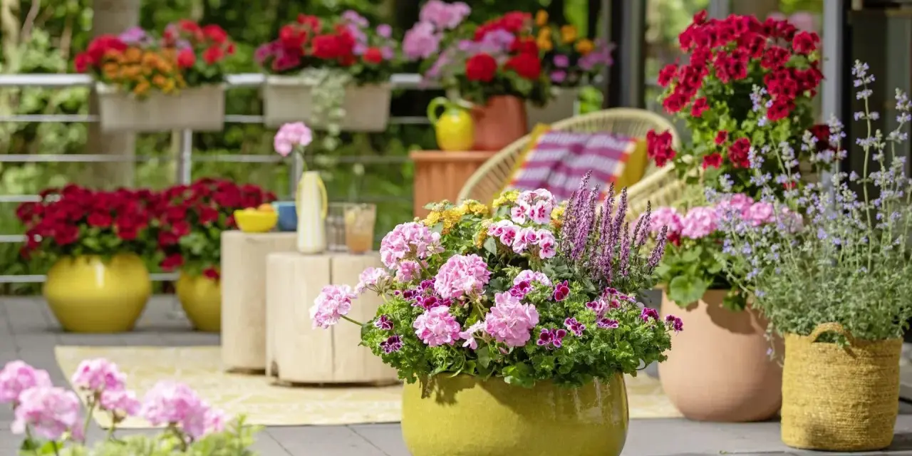 Kolorowe kwiaty na taras w donicach: różowe pelargonie, czerwone i fioletowe chryzantemy, lawenda.